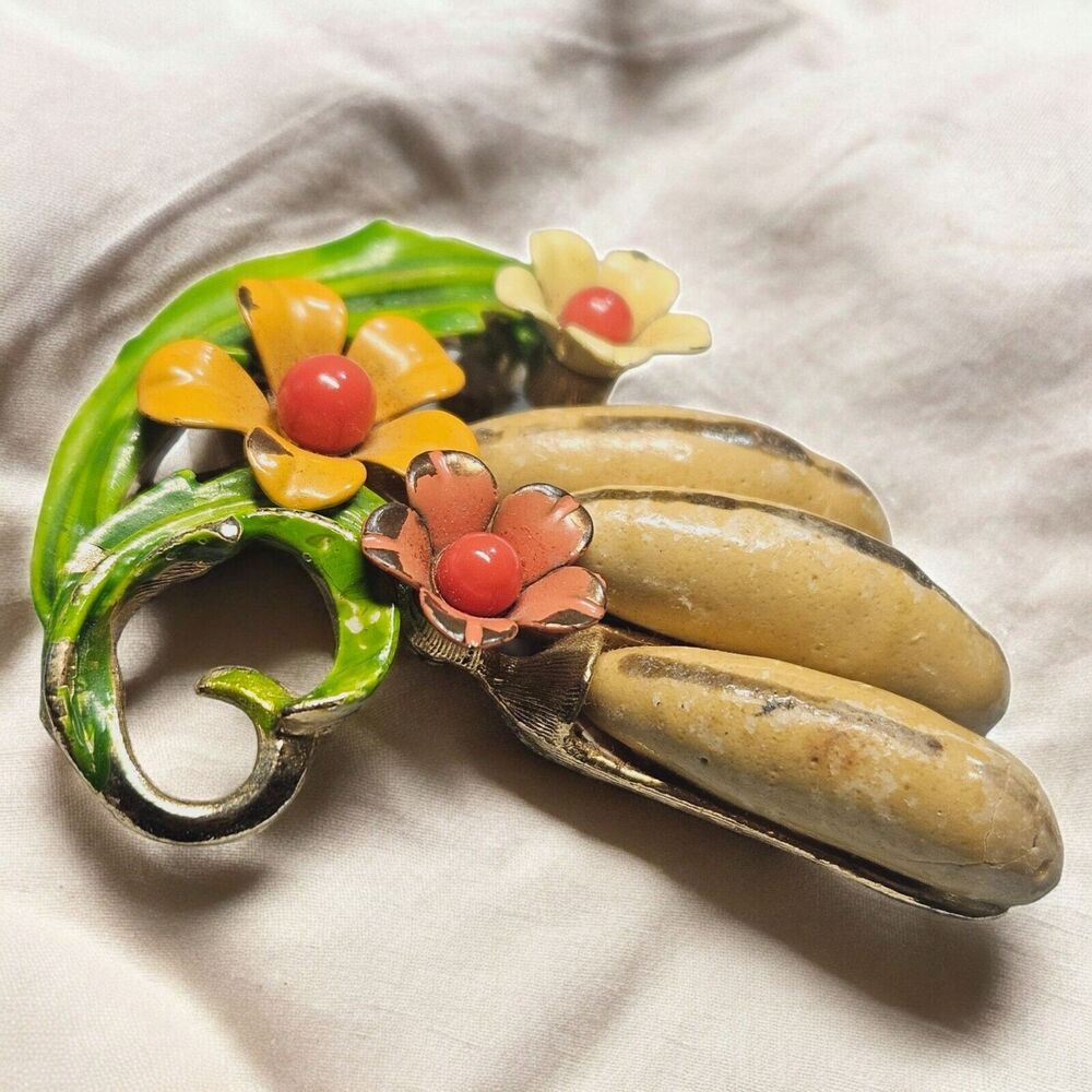 Selini Brooch 3d Banana Flower Tropical Fruit Selro Enamel Metal Pin Signed - Picture 5 of 10